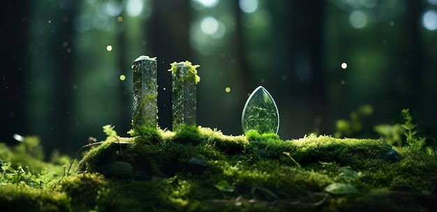 Kristalle mit Mondphasenbild von Moos in einem geheimnisvollen Wald, natürlicher Hintergrund, generative KI