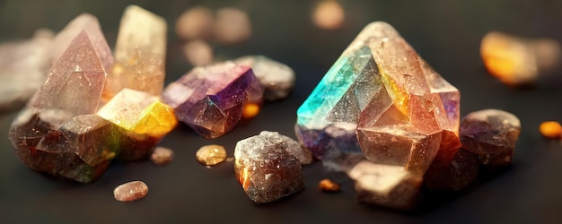 Kristalle und Mineralien aus Edelsteinen Esoterische spirituelle Praxis Feng Shui Reiki-Therapiekonzept AI-generiertes Bild