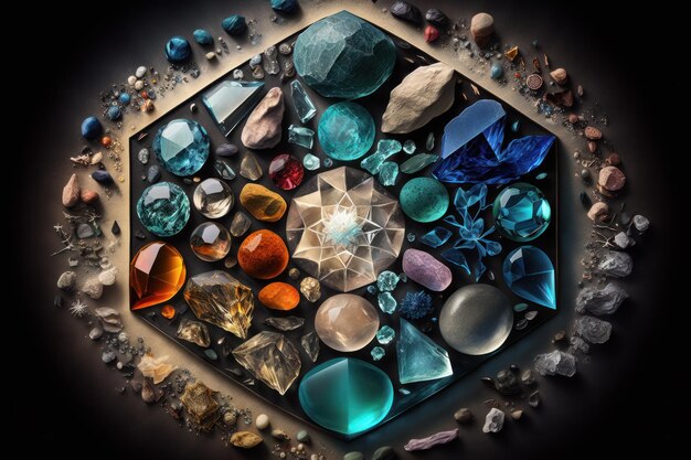 Kristallgitter verschiedene Edelsteine und heilige geometrische Formen kraftvolle Energie