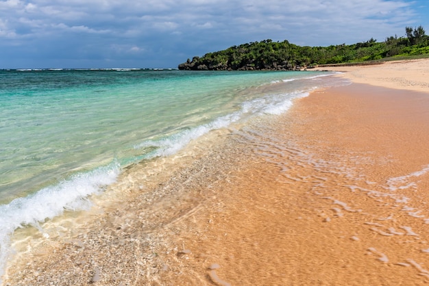 Kristalline Welle, die an einem sonnigen Tag an einem paradiesischen Strand entlang der Küste mit weißem Schaum bricht