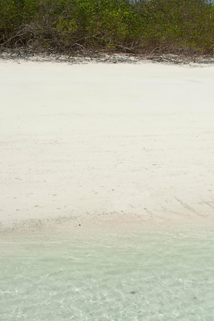 Kristallklare Meereswellen brechen am weißen Sandstrand mit türkisfarbenem, smaragdgrünem Wasser