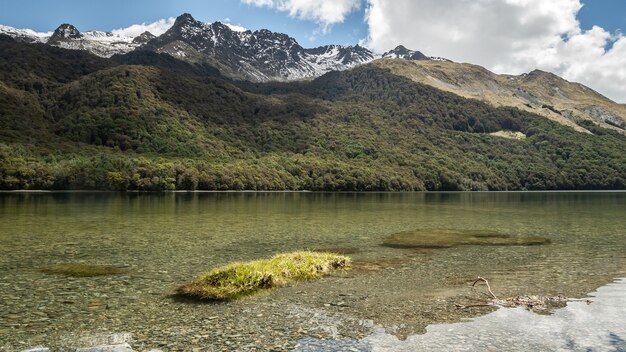 Kristallklarer See mit Wald und Bergen im Hintergrund, aufgenommen an den Mavora Lakes Neuseeland