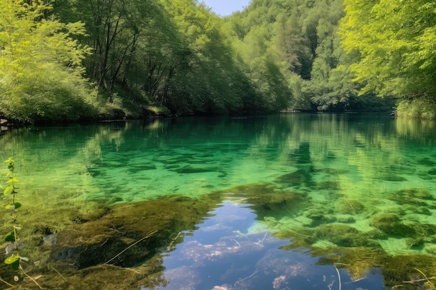 Kristallklarer See, umgeben von üppigem Grün, mit dem perfekten Sommertag, geschaffen mit generativer KI