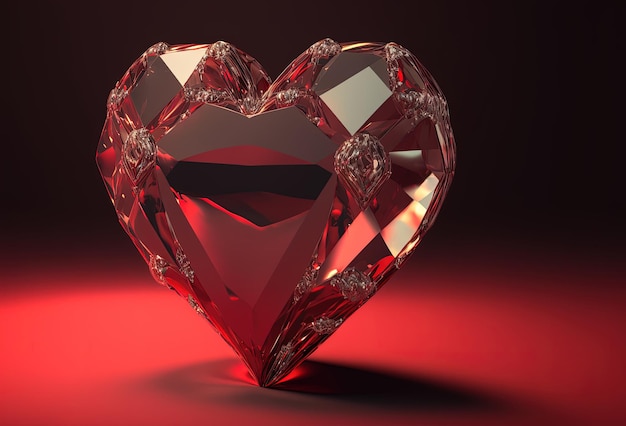 Kristallklares Herz auf rotem Hintergrund Luxuriöser Hintergrund zum Valentinstag 3D-Render AI generiert