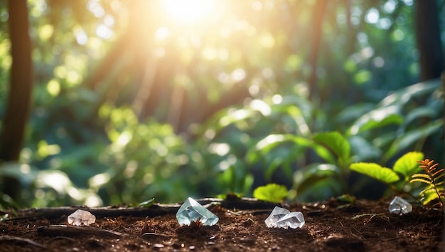 Kristallsteine auf dem Boden mit einem Regenwaldhintergrund und strahlendem Sonnenlicht