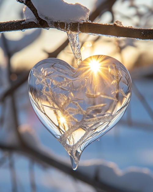 Kristalltransparentes Herz, das im Winter am Baum hängt