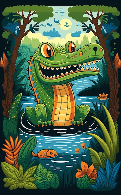 Krokodil im Dschungel mit generativen Fischen und Pflanzen