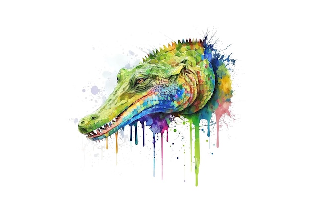 Krokodil wird mit mehrfarbigen Wasserfarben gezeichnet, die auf einem weißen Hintergrund isoliert sind. Generiert von AI