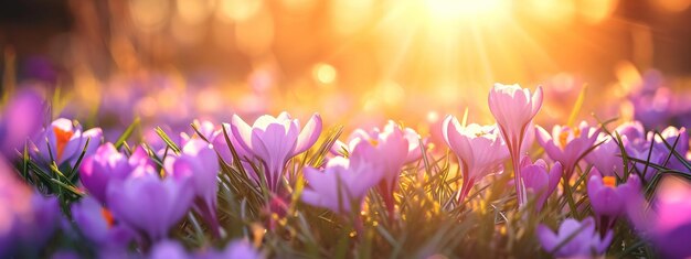 Foto krokusblumen auf dem land mit licht in der ferne