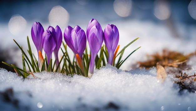 Krokusse, die im zeitigen Frühjahr blühende lila Blüten hervorbringen, bahnen sich ihren Weg unter dem Schnee, Nahaufnahme mit Platz für Text, erzeugen KI