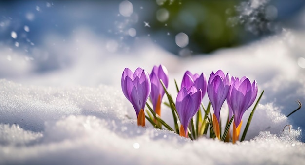 Krokusse, die im zeitigen Frühjahr in Nahaufnahme mit Platz für Text unter dem Schnee hervorblühen, erzeugen KI