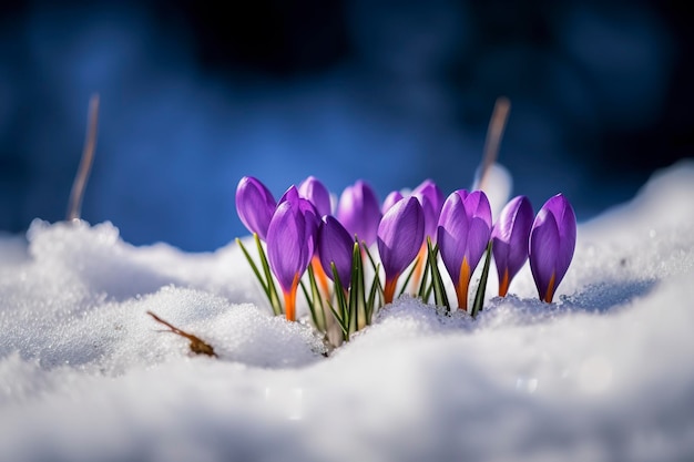 Krokusse, die im zeitigen Frühjahr in Nahaufnahme mit Platz für Text unter dem Schnee hervorblühen, erzeugen KI