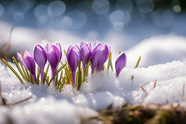 Krokusse, die im zeitigen Frühjahr in Nahaufnahme mit Platz für Text unter dem Schnee hervorblühen, erzeugen KI