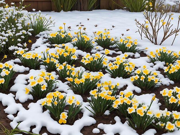 Krokussen wachsen an einem sonnigen Frühlingstag unter Schnee, schöne gelbe Primrosen im Garten.