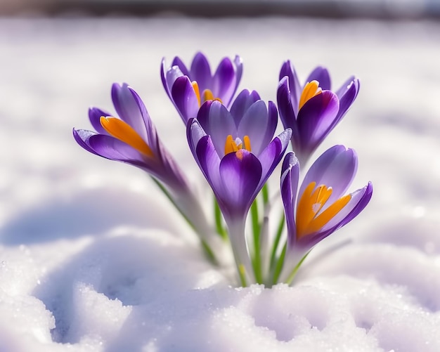 Krokuszwiebel, die im Schnee blüht, erste Frühlingsblume Generative AI