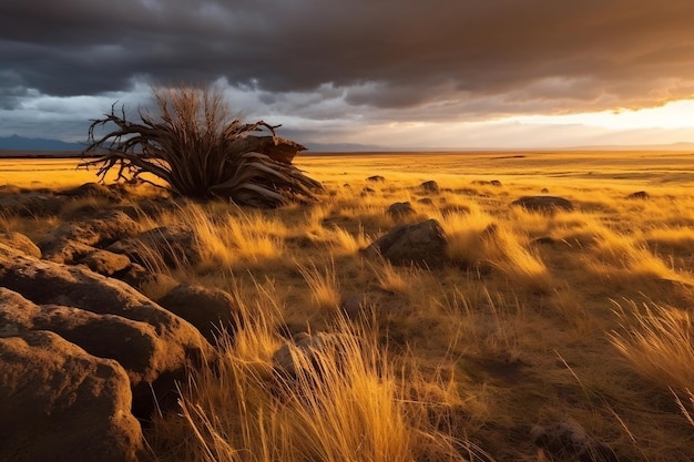 Krummholz nódulo llanura de tundra rocosa de hierba tussock cubierta de hielo de rim naturaleza al atardecer de fondo