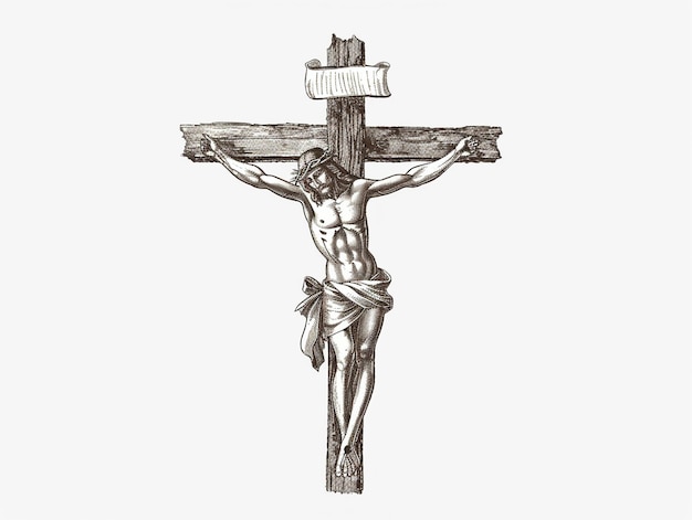 Kruzifiziertes Kreuz mit Jesus Handgezeichneter Zeichnung eingravierte Art Religion auf weißem Hintergrund