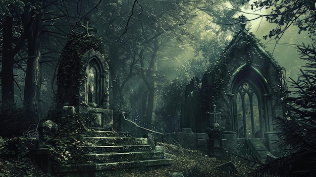 Krypta im Wald Dunkle Fantasie Krypta mit Grabstein und Friedhof im Hintergrund