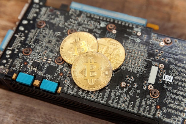 Kryptowährung goldene Bitcoin-Münze, die auf der Videokarte liegt Elektronisches virtuelles Geld für Web-Banking und internationale Netzwerkzahlung Symbol für das Konzept des Mining-Konzepts der virtuellen Kryptowährung