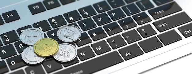 Foto kryptowährung goldene bitcoin und verschiedene virtuelle silbermünzen auf einem laptop 3d-darstellung