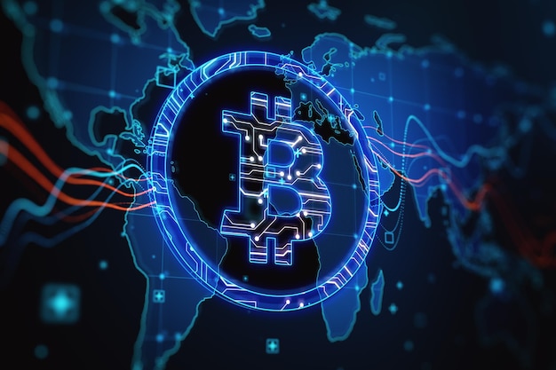 Kryptowährung und modernes Geldkonzept mit hellem digitalem Bitcoin-Zeichen in einem Kreis auf Weltkartenhintergrund 3D-Rendering