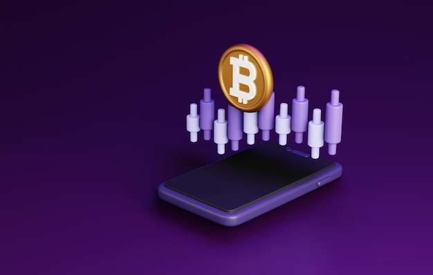 Kryptowährungs-Bitcoin-Münze mit Kerzendiagramm 3D-Rendering