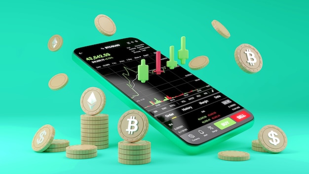 Kryptowährungshandel oder Bitcoin auf Smartphone und Wachstum Börsendaten-Informationsinvestition. Händler-Konzept. 3D-Rendering.