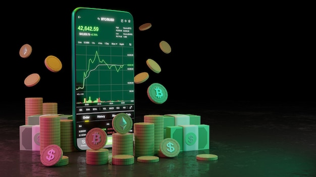 Kryptowährungshandel oder Bitcoin auf Smartphone und Wachstum Börsendaten-Informationsinvestition. Händler-Konzept. 3D-Rendering.