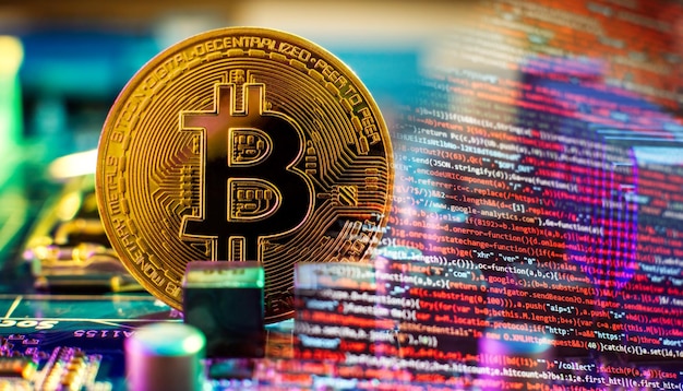 Kryptowährungskonzept Goldenes Bitcoin auf dem Hintergrund-Mainboard des Siegerpokals Die Zukunft des Geldes Computerausrüstung