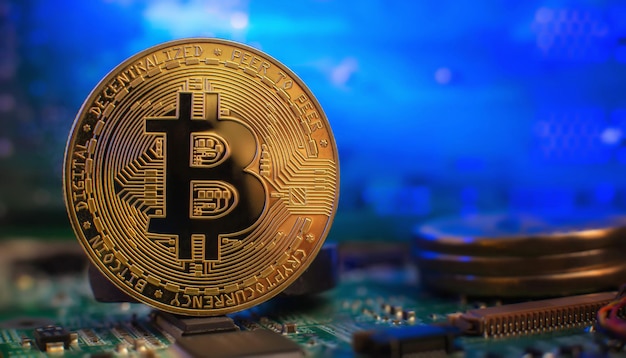 Kryptowährungskonzept Goldenes Bitcoin auf dem Mainboard Die Zukunft des Geldes Computerausrüstung