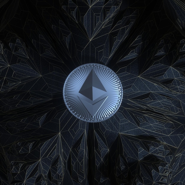 Foto kryptowährungslogo der ethereum-münze auf abstraktem hintergrund