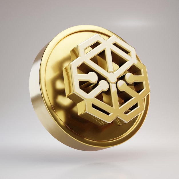 Kryptowährungsmünze Swissborg. 3D-Goldmünze mit Swissborg-Symbol auf weißem Hintergrund gerendert.