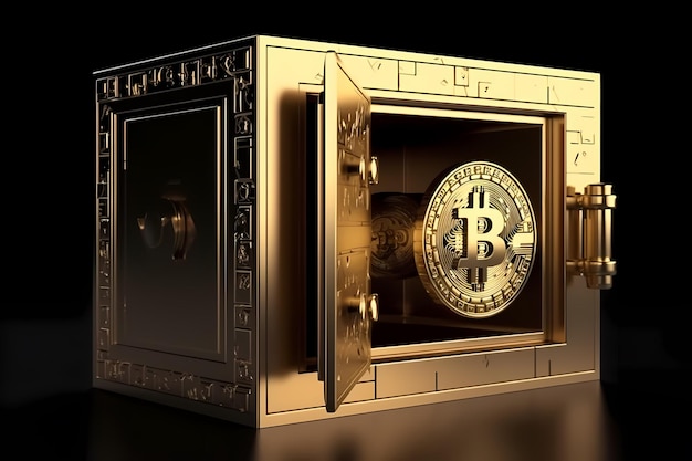 Kryptowährungssicherung Die symbolische Bedeutung der Gold-Tresoreinlage mit Bitcoin-Logo im virtuellen Blockchain-Raum Generative Ai