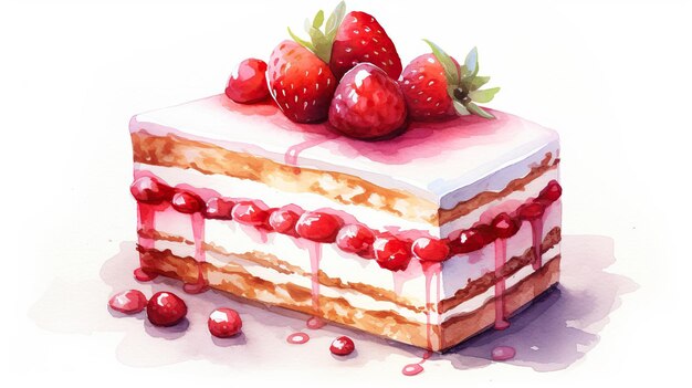 Kuchen auf einem Teller mit einer Gabel auf weißem Wasserfarbbild eines wunderschönen Desserts