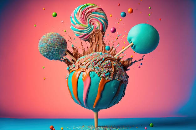 Kuchen explodiert in lebhaften Farben vor einem blauen Hintergrund