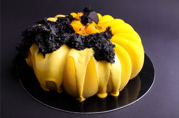 Kuchen mit Beerenmousse auf schwarzem Hintergrund