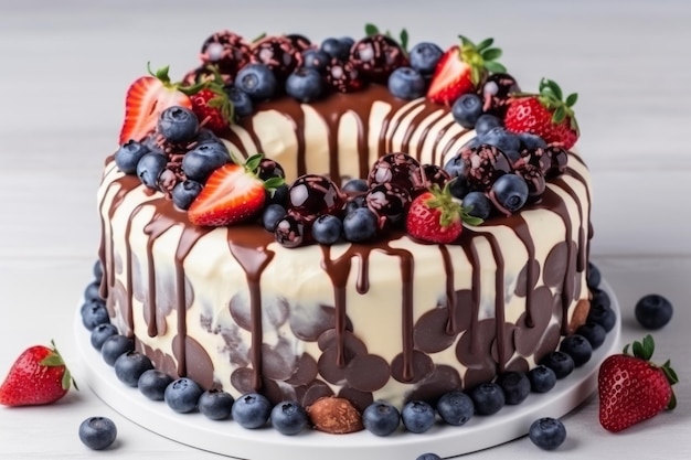 Kuchen mit Erdbeeren und Heidelbeeren, Schokoladentropfen auf dem weißen Hintergrund