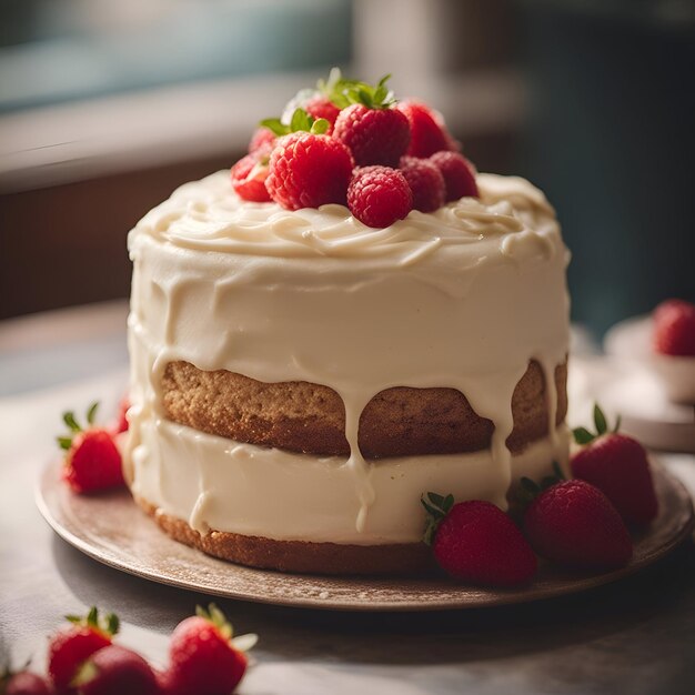 Kuchen mit frischen Himbeeren und Schlagsahne mit selektiver Konzentration