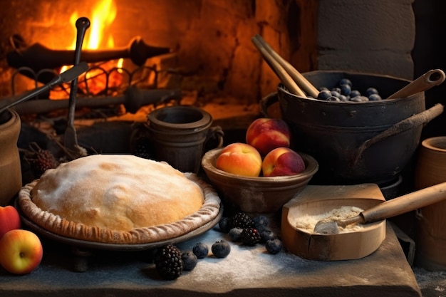 Kuchen mit Früchten vor dem traditionellen Ofen, professionelle Werbung für Lebensmittelfotografie