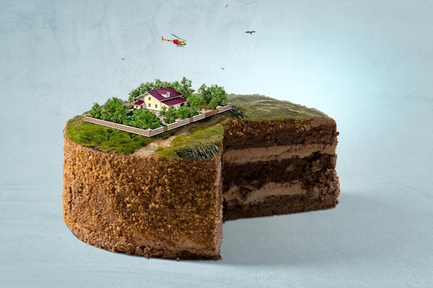 Kuchen mit grüner Landschaft darauf. Gemischte Medien