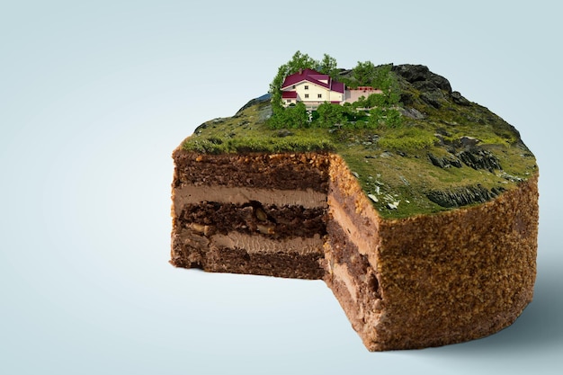 Kuchen mit grüner Landschaft mit einem Haus darauf. Gemischte Medien