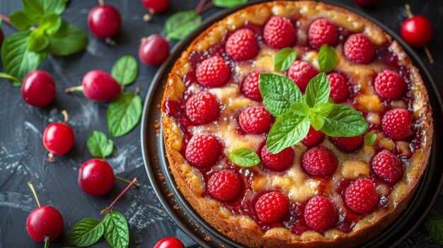 Kuchen mit Himbeeren und Minze