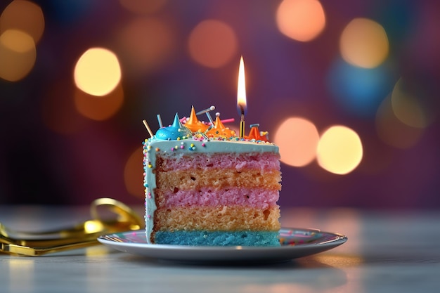 Kuchen mit Kerze, der in einem Restaurant mit funkelndem Hintergrund serviert wird