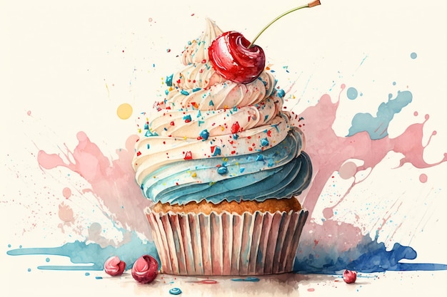 Kuchen mit kirschverziertem süßen Dessert Cupcake bunte Aquarellillustration Generative ai