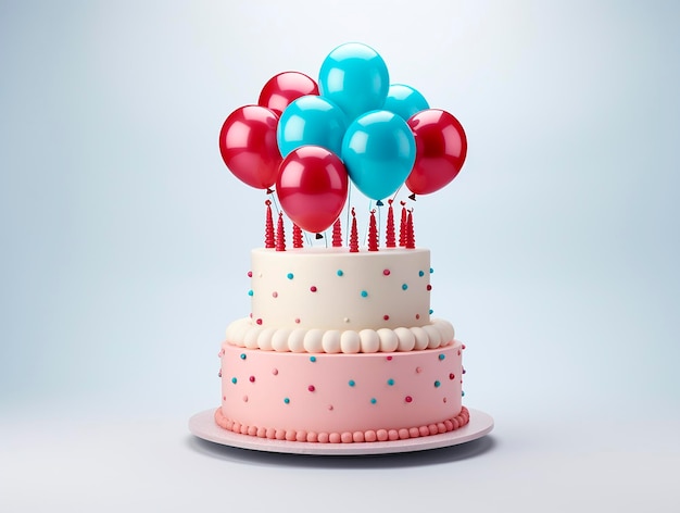 Kuchen mit Luftballons und Kerzen auf blauem Hintergrund, 3D-Darstellung