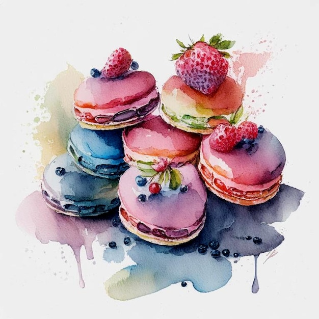 Kuchen mit Makaron oder Macaroon auf weißem Hintergrund, bunte, lebendige Mandelkekse mit Beeren, leuchtende Farben