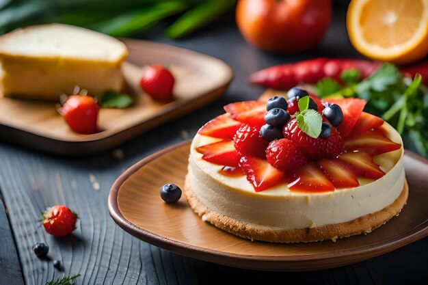 Kuchen mit Obst auf einem Holztisch