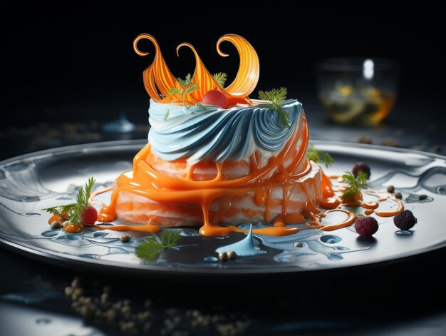 Foto kuchen mit orangefarbenem und blauem eis auf dem teller