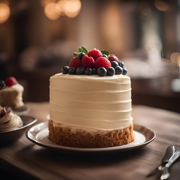 Kuchen mit Sahne und Beeren auf einem Holztisch in einem Café