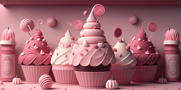 Kuchen mit Schlagsahne, rosa Fruchteis, generative KI